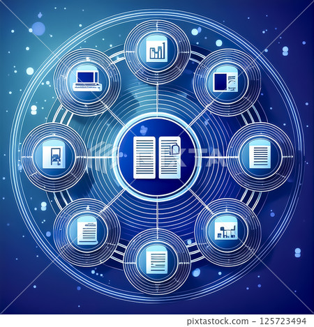 Data Interlinked With Computer Image material showing a computer and various... - Stock Illustration ...