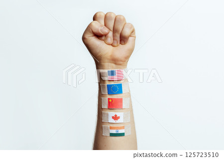 Raised Fist with World Flags - Global Economic Symbol 125723510