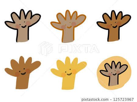 Set of black people's palms with various cute faces Set of black people's palms with various cute faces 125723967