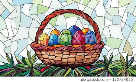 Stained glass style of a basket of Easter eggs on a light background Stained glass style of a basket of Easter eggs on a light background 125724030