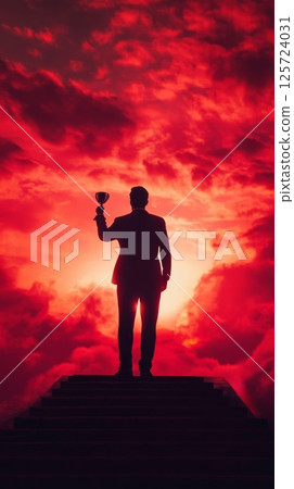 Silhouette of businessman standing on stairs holding trophy against large red sun, success and achievement concept 125724031