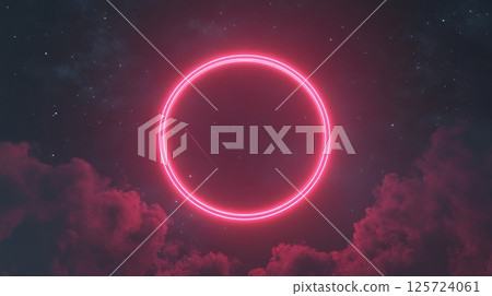 Pink neon circle in starry night sky with clouds, atmospheric digital art concept Pink neon circle in starry night sky with clouds, atmospheric digital art concept 125724061