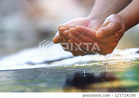 Precious water in your hand, clear, transparent and clean source of life, World Water Day background 125724198