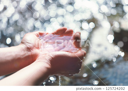 Precious spring water in your hand, clear, transparent and clean water of life, World Water Day background 125724202