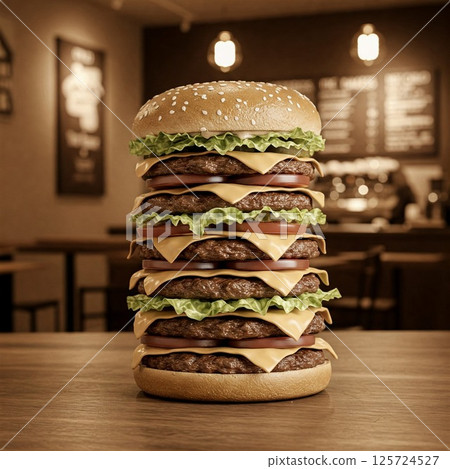 一張震撼人心的巨型漢堡特寫照片，背景是餐廳 125724527