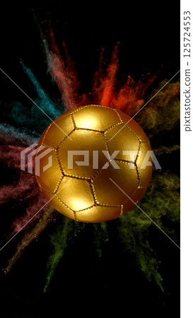 Soccer golden ball with coloured powder explosion. Soccer golden ball with coloured powder explosion. 125724553