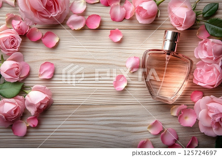 Glass bottle of perfume with rose flowers petals 125724697