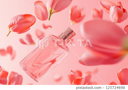 Glass bottle of perfume with tulip flowers petals Glass bottle of perfume with tulip flowers petals 125724698