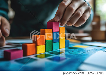 Company organizational chart by colorful wooden cubes 125724708