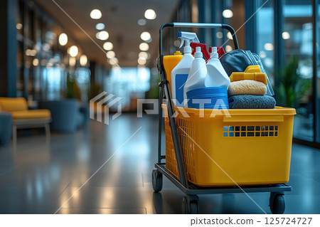 Cleaning lady cart with equipment for cleaner and health 125724727