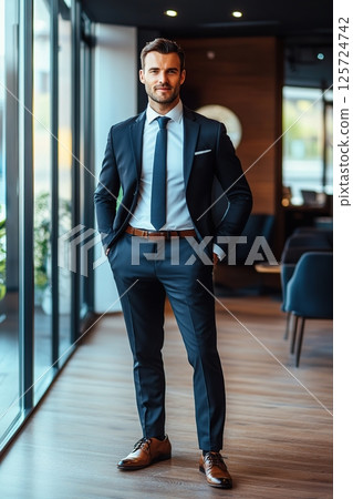 Handsome businessman looking at camera in business office 125724742