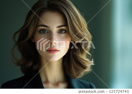 Attractive businesswoman looking at camera in business office 125724743