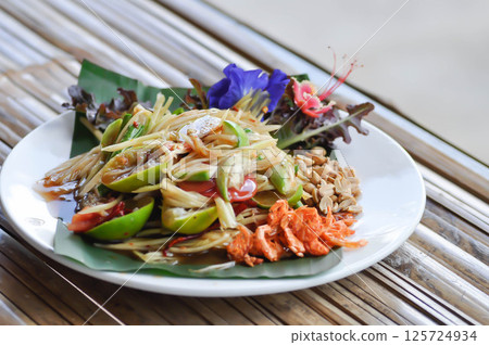 spicy salad, som tam or Thai spicy salad or papaya salad spicy salad, som tam or Thai spicy salad or papaya salad 125724934