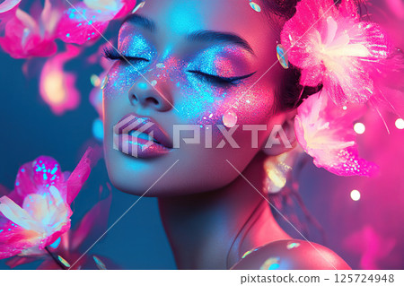 Creative makeup art featuring vibrant colors and floral accents 125724948
