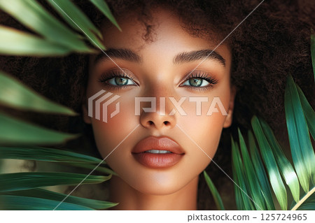 Woman with green eyes framed by tropical leaves in natural light 125724965