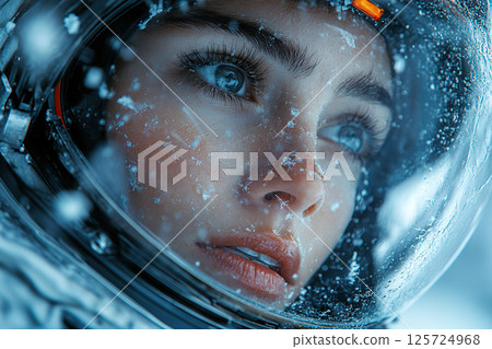 Astronaut gazes amidst frozen icy landscape in space 125724968