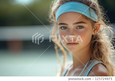 Young girl focused on tennis practice during sunny afternoon Young girl focused on tennis practice during sunny afternoon 125724973