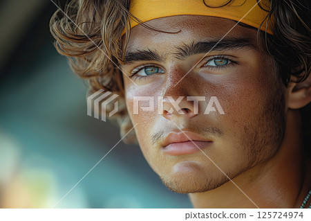 Young athlete with curly hair in a bright yellow headband 125724974
