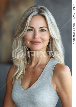 Portrait of a woman with long blonde hair smiling confidently against a neutral background Portrait of a woman with long blonde hair smiling confidently against a neutral background 125724975