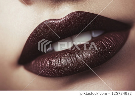 Closeup of soft dark brown lipstick highlighting smooth lips and natural beauty 125724982