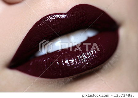 Closeup of soft burgundy lip gloss highlighting polished lips with a glossy finish 125724983