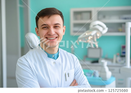Portrait of smiling dentist on blurred stomatology clinic cabinet 125725080