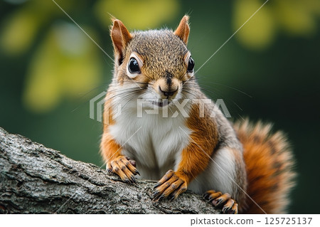 Cute squirrel sitting on tree branch in the forest 125725137