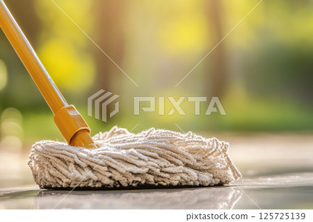Washing dirty tiled floor with mop Washing dirty tiled floor with mop 125725139