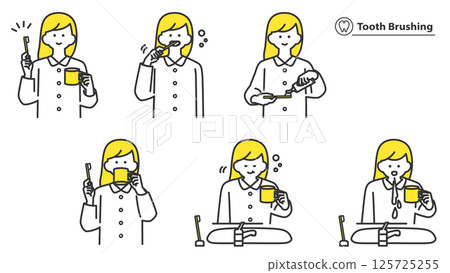 Woman brushing her teeth, set, variation, 2 colors Woman brushing her teeth, set, variation, 2 colors 125725255