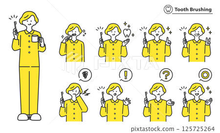 Senior woman brushing her teeth, set of facial expressions and poses, 2 colors Senior woman brushing her teeth, set of facial expressions and poses, 2 colors 125725264