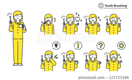 Girl brushing her teeth, set of facial expressions and poses, 2 colors 125725266