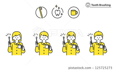 Set of children brushing their teeth, two colors 125725273