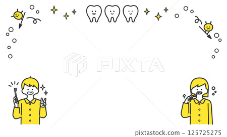 Frame of healthy teeth and a person brushing their teeth, two colors 125725275