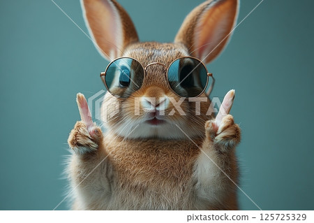 Cool rabbit wearing sunglasses and showing peace signs in a playful moment 125725329