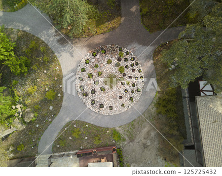 Stunning Aerial View Showcasing a Beautifully Designed and Circular Garden Landscape Stunning Aerial View Showcasing a Beautifully Designed and Circular Garden Landscape 125725432