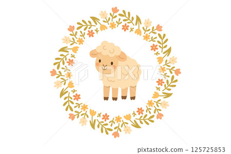 Cute lamb framed by floral wreath, perfect for spring farm designs and countryside nature illustrations featuring baby sheep, pasture, and rustic charm 125725853