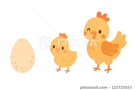 Cartoon hen, chick, and egg illustration with bright yellow tones, ideal for barnyard animal graphics, hatching themes, and playful poultry decor 125725855