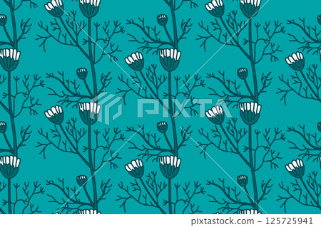 Botanical floral seamless pattern with daisy flowers vector illustration. Repeating chamomile plants in pastel blue background. Graphic design for Fashion Cover Textile Wedding Greeting Card Poster Botanical floral seamless pattern with daisy flowers vector illustration. Repeating chamomile plants in pastel blue background. Graphic design for Fashion Cover Textile Wedding Greeting Card Poster 125725941