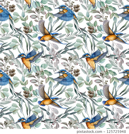 Flying kingfisher birds with eucalyptus leaves background seamless pattern decor element. Watercolor hand drawn wildlife illustration. Bright birds on eucalyptus leafy background seamless pattern Flying kingfisher birds with eucalyptus leaves background seamless pattern decor element. Watercolor hand drawn wildlife illustration. Bright birds on eucalyptus leafy background seamless pattern 125725948