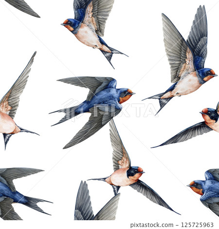 Flying swallow birds seamless pattern element. Watercolor illustration. Cute barn swallow various poses with spread wings on white background. Wildlife flying martin birds vintage style decoration 125725963