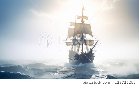 Illustration of a sailing ship illuminated by the setting sun 125726293