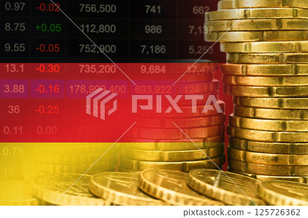 Germany flag on stock investment trading with coin and graph. Germany flag on stock investment trading with coin and graph. 125726362