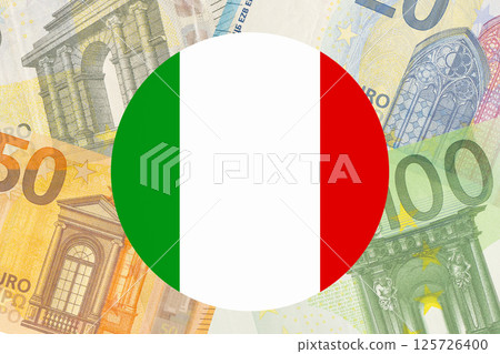 Italy flag on Euro banknotes money, finance investment business. Italy flag on Euro banknotes money, finance investment business. 125726400