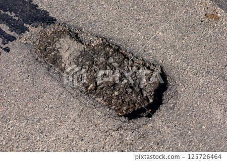 A deep crack in the asphalt shows urgent damage that needs repair to prevent accidents and ensure safety A deep crack in the asphalt shows urgent damage that needs repair to prevent accidents and ensure safety 125726464