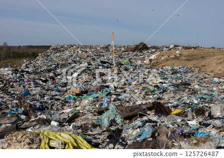 Large landfill area overflowing with trash, plastic debris, and waste impacting the local ecosystem and sanitation efforts Large landfill area overflowing with trash, plastic debris, and waste impacting the local ecosystem and sanitation efforts 125726487