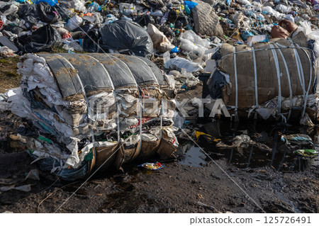 A landfill site overflowing with bundled trash reveals the severe impact of pollution and challenges in effective waste disposal and recycling A landfill site overflowing with bundled trash reveals the severe impact of pollution and challenges in effective waste disposal and recycling 125726491