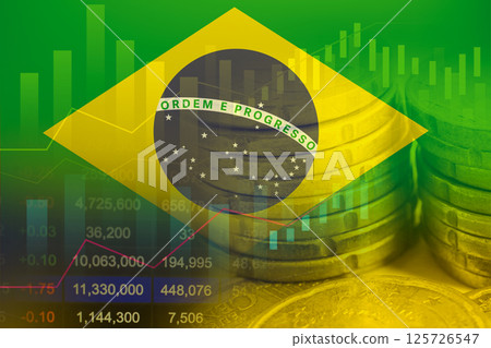 Brazil flag on stock investment trading with coin and graph. Brazil flag on stock investment trading with coin and graph. 125726547