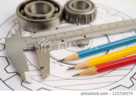 Engineering and precision tools with metal ball bering, mechanical industrial. Engineering and precision tools with metal ball bering, mechanical industrial. 125726574