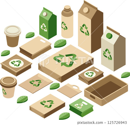 Isometric Eco-Friendly or Sustainable Packaging with Recycling Logo Isometric Eco-Friendly or Sustainable Packaging with Recycling Logo 125726943
