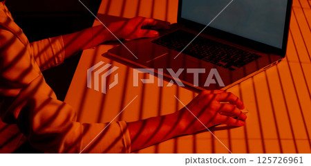 Freelancer Working at Sunset with Laptop and Mouse. Freelancer Working at Sunset with Laptop and Mouse. 125726961